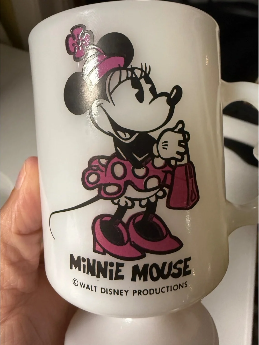Vintage Disney Mickey Minnie Mouse Milk Glass Pedestal Mugs USA Set of 2